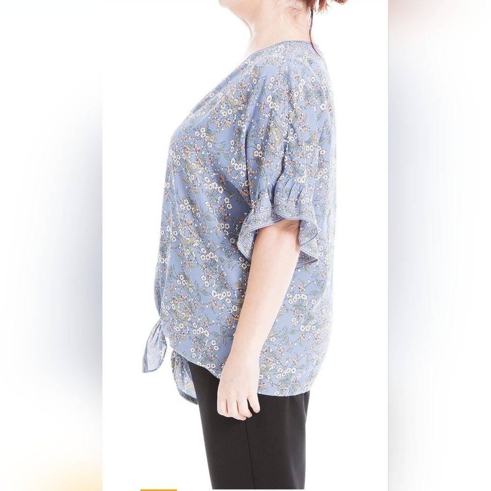Max Studio Periwinkle Floral Ruffle Sleeve Tie Front Top Plus 2x - Picture 2 of 9